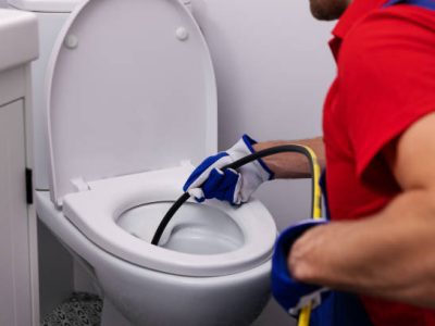 plumber unclogging blocked toilet with hydro jetting at home bathroom. sewer cleaning service